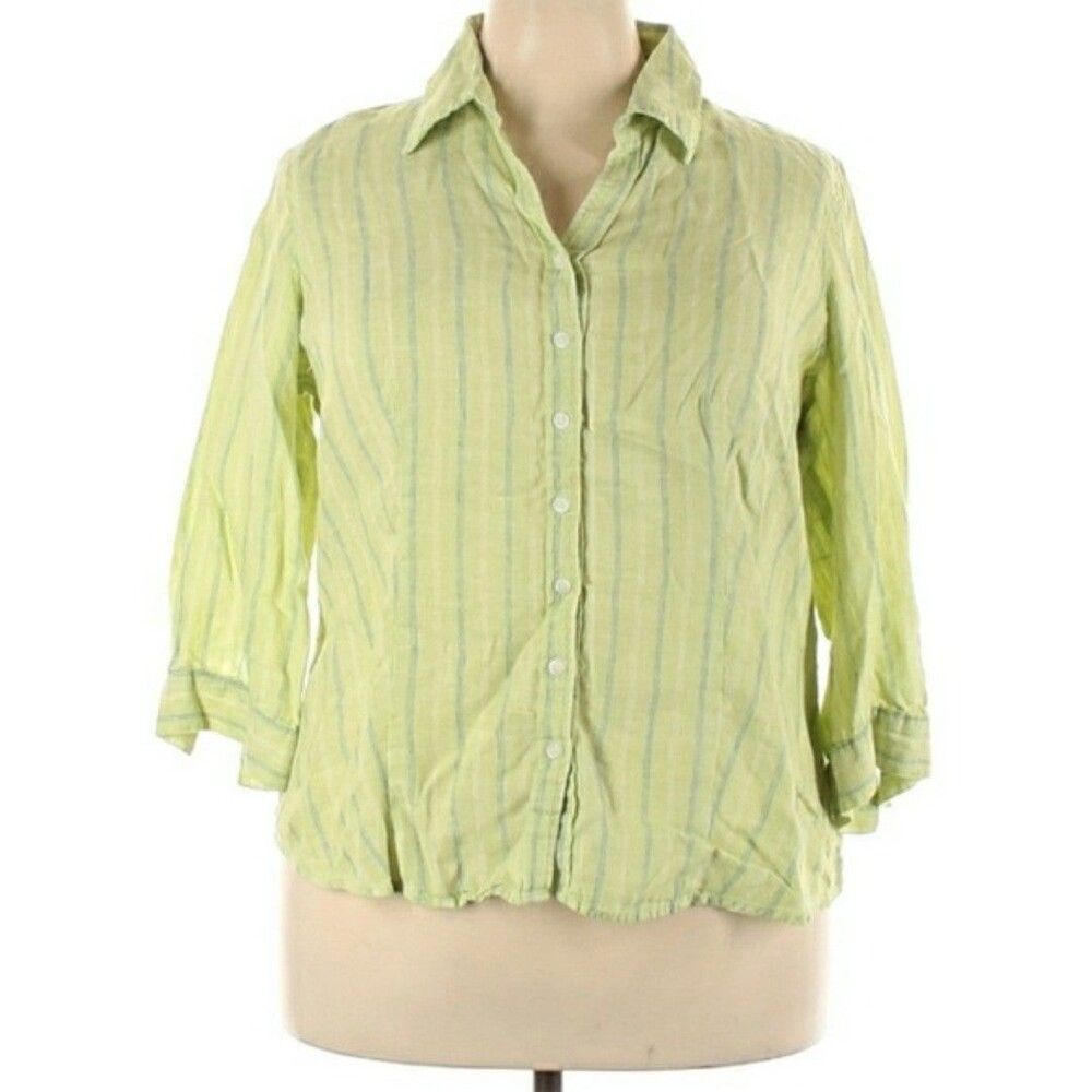 coldwater creek green linen striped shirt top 18 1x summer blouse